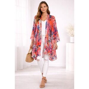 Lifestyle Woman Boho Kimono Cardigan NWT Colorful Abstract Open Front Mid Length